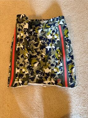 Krimson Klover Navy, Olive & White Floral Mini Skirt with Coral Stripe